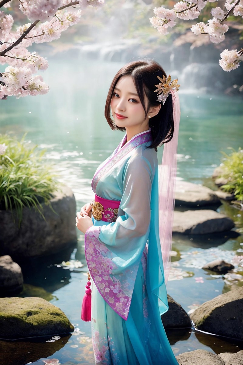 桜の花が咲き誇る古典的な日本庭園に立つ、色鮮やかな伝統衣装を身にまとった天女。静謐な水面と緑豊かな風景を背景に、彼女の衣は水の波紋のように優雅に流れ、その姿は時間を超えた美を映し出している。