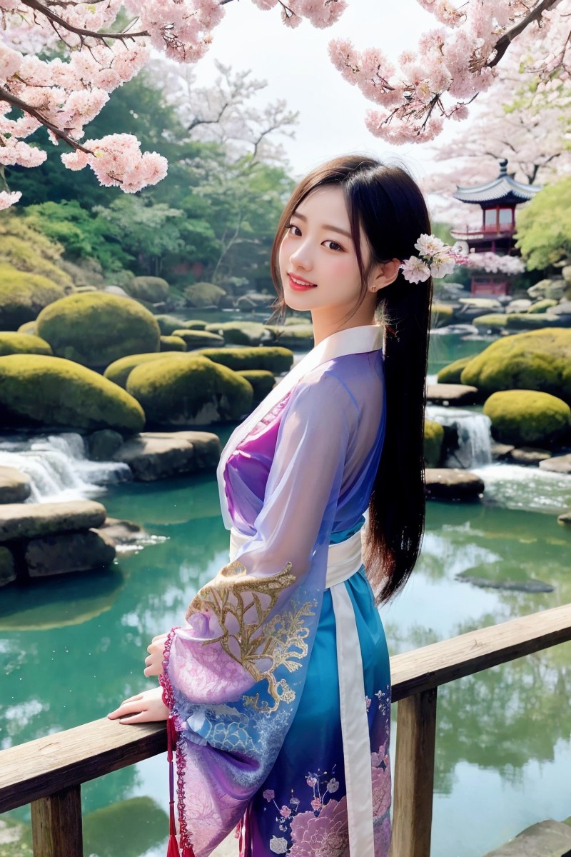 天女のように優美で、桜の花が彩る庭園に佇むAI生成の美女。彼女の装束は日本の伝統的な柄と色彩で彩られ、古典美と現代的な感覚が見事に融合しています。画像には、繊細なディテールが施された衣装をまとい、穏やかな表情で周囲の自然と調和する女性が映されています。
